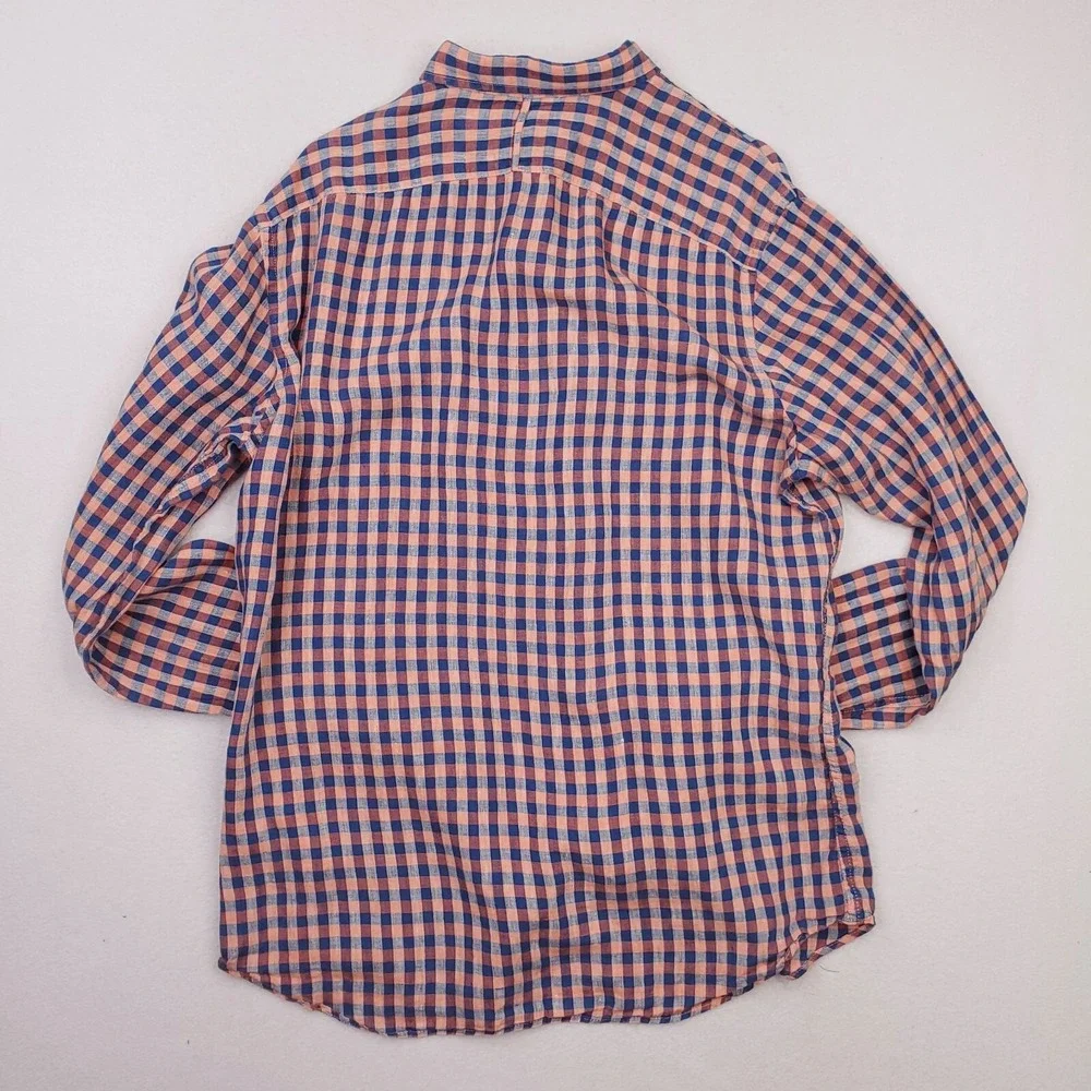 Banana Republic Shirt Mens Large Blue Peach‎ Camden Linen Gingham Plaid Preppy